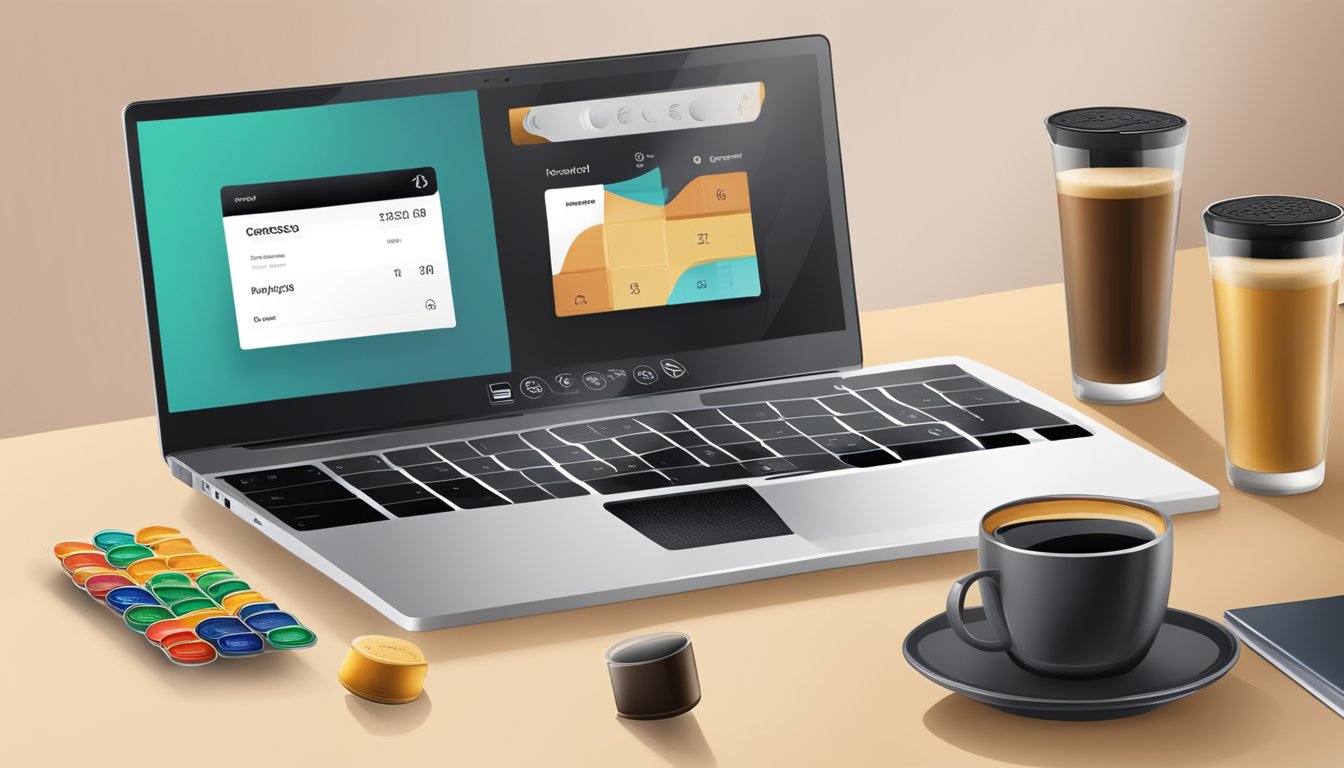 A laptop displaying a variety of Nespresso pod options on a website, with a credit card and a cup of coffee nearby