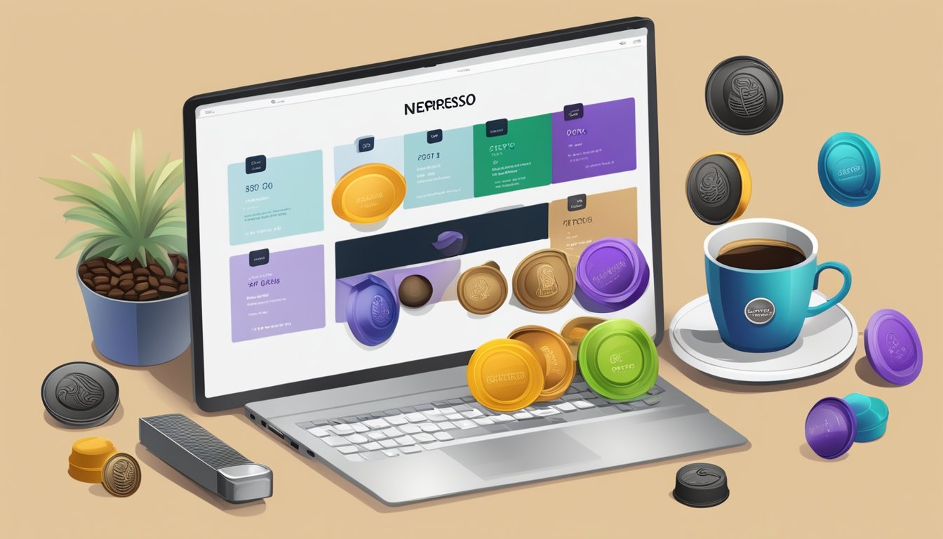 A laptop displaying a website with the title "Frequently Asked Questions buy nespresso pods online" surrounded by various coffee pods and a cup of coffee
