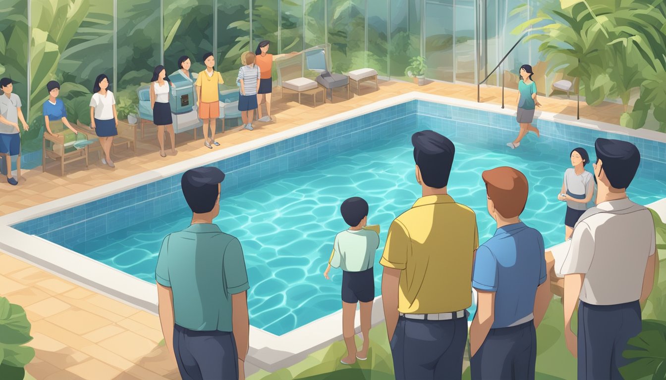 A group of people asking questions about buying swimming pools in Singapore, with a salesperson providing information and assistance
