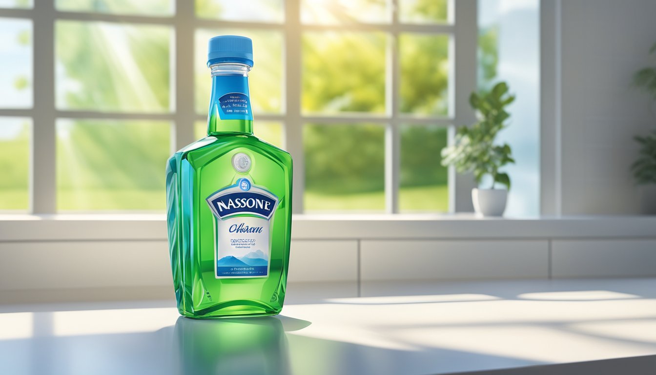 A bottle of Nasonex sits on a clean, white countertop with a background of bright, blue sky and green fields. Rays of sunlight beam down, highlighting the bottle and creating a sense of freshness and clarity