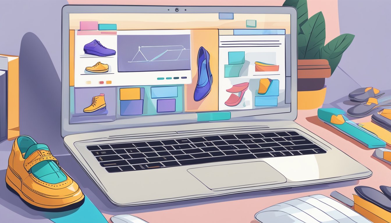 A laptop displaying a website with various shoe inserts. A hand hovers over a mouse, ready to click "buy now."
