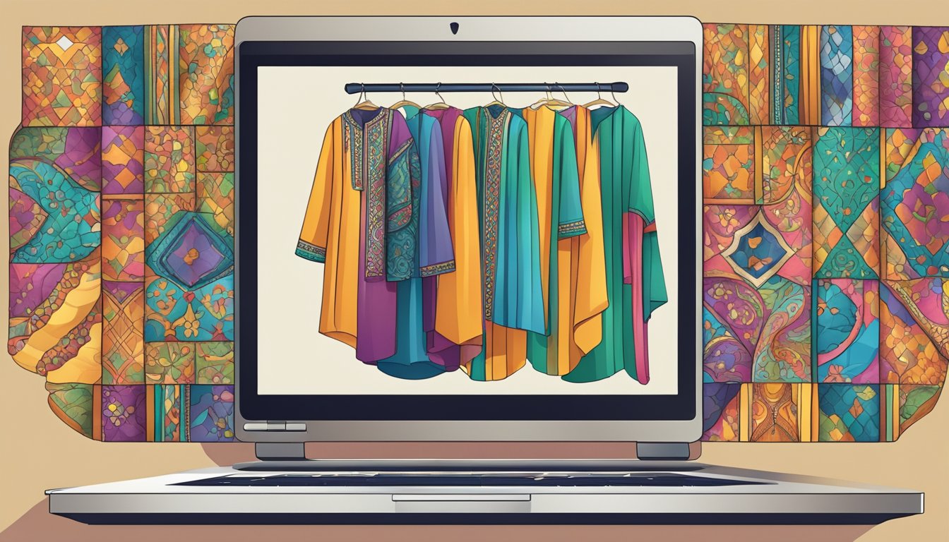 A laptop displaying a website with a variety of colorful Moroccan kaftans. A cursor hovers over the "buy now" button
