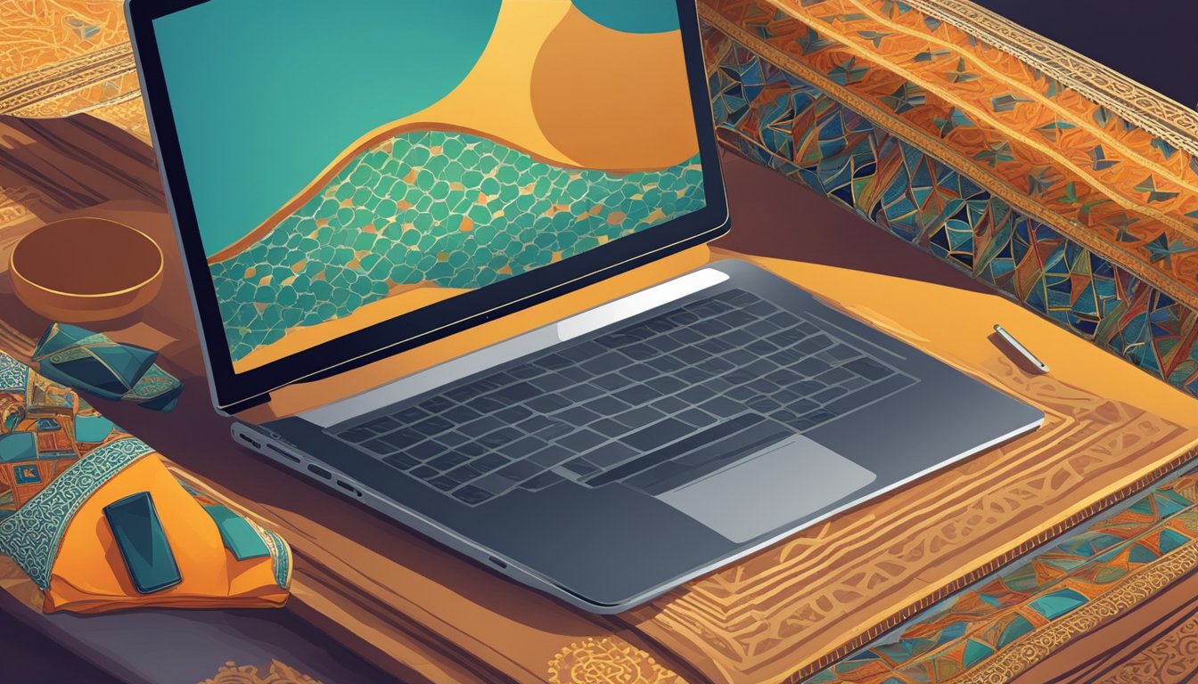 A laptop and smartphone sit on a table with a moroccan kaftan displayed on the screen. A seamless online shopping experience is depicted
