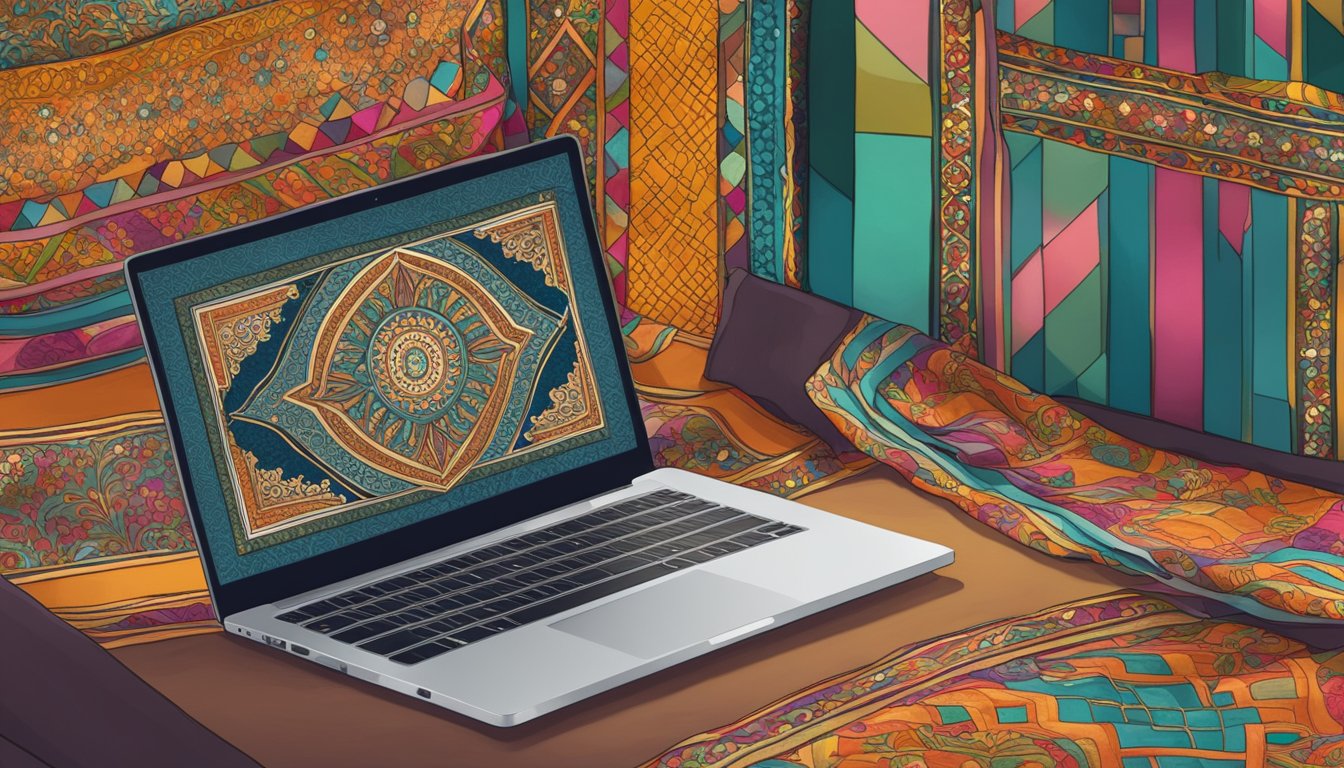 A laptop displaying a website with "Frequently Asked Questions" about buying a Moroccan kaftan online, surrounded by colorful fabric swatches and traditional Moroccan patterns