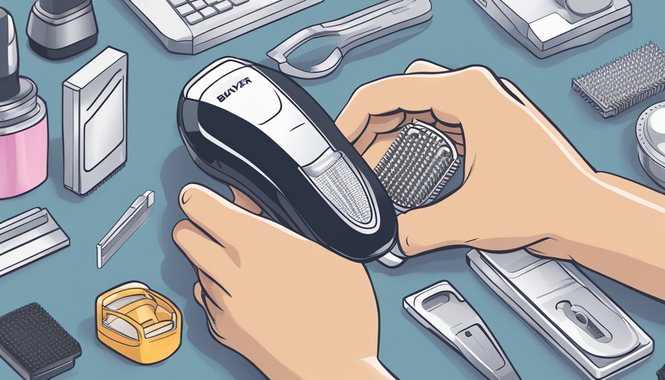 A hand reaches for a shaver on a computer screen, surrounded by various shaver options and a "buy now" button