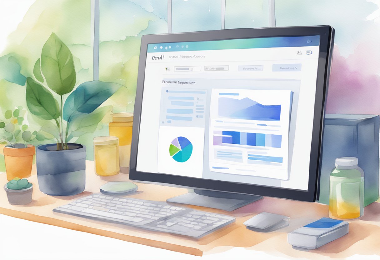 A computer screen displays an open email platform with a list of recipient addresses. A progress bar indicates the sending process, while a graph in the corner shows email engagement metrics