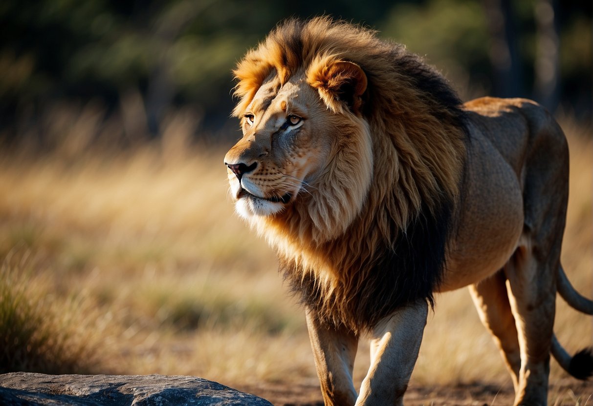 A lion standing tall, mane flowing, exuding power and confidence with a fierce gaze