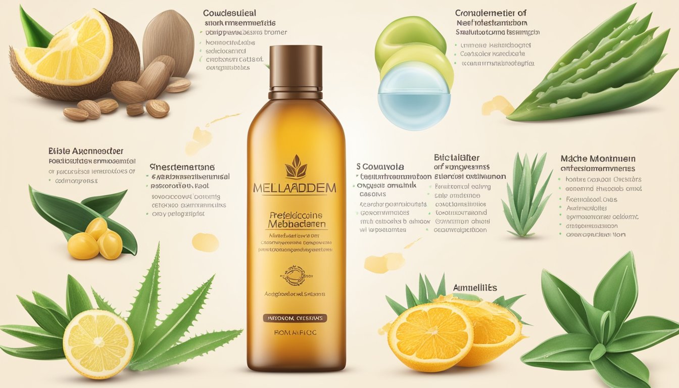 A bottle of Meladerm surrounded by natural ingredients like aloe, licorice, and vitamin C, with a list of benefits such as reducing hyperpigmentation and promoting even skin tone