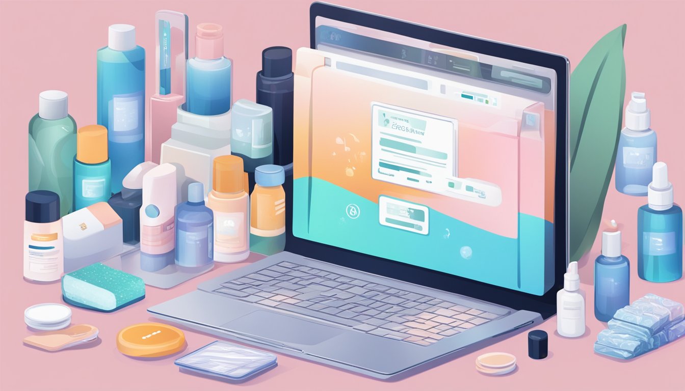 A laptop with "Frequently Asked Questions" about Meladerm open on the screen, surrounded by various skincare products and a credit card ready for online purchase