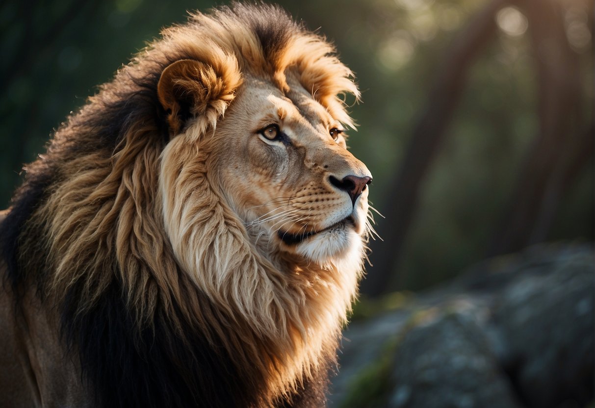 A lion with a fierce expression, standing proudly with a majestic mane, exuding strength and confidence. Surrounding the lion are symbols of power and authority, such as a crown or a shield