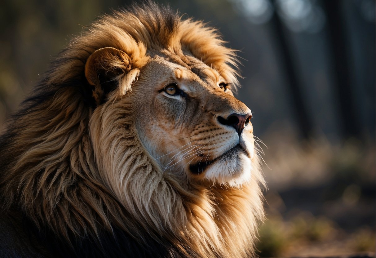 A lion stands proudly, mane flowing, with a determined look in its eyes. Surrounding it are quotes about resilience and strength