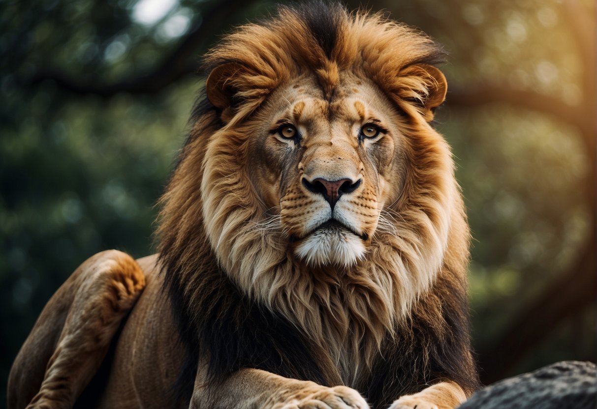 A majestic lion stands tall, exuding power and confidence. Surrounding the lion are quotes about wisdom and professional success, creating a scene of strength and determination