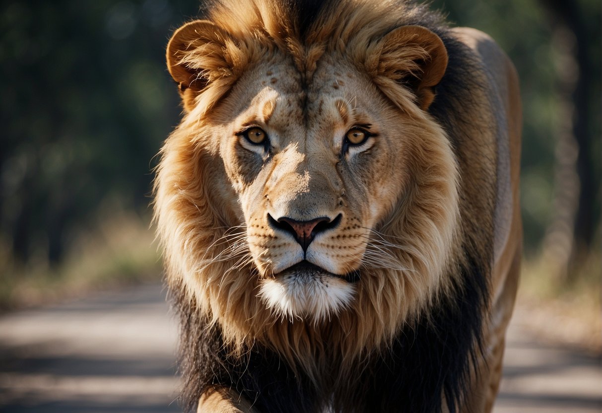 A majestic lion confidently strides forward, head held high, with the words "Self-Direction and Following Your Own Path" emblazoned above, exuding power and determination