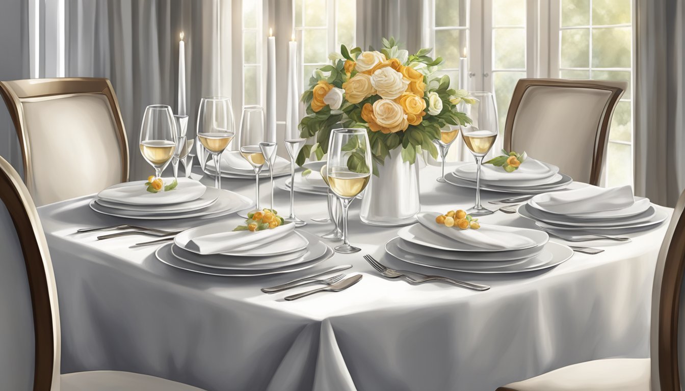A table set with crisp, white linen napkins, draped elegantly over the edges, creating a clean and sophisticated ambiance