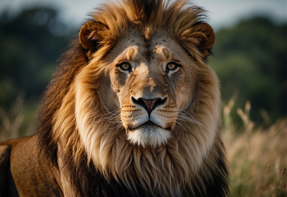 A majestic lion stands tall, surrounded by a pride of other lions, exuding strength and confidence. The lion's mane flows in the wind as it surveys its domain, emanating a sense of power and leadership