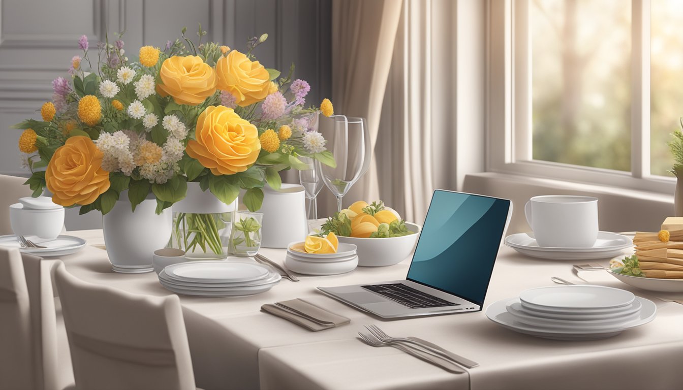 A cozy table set with linen napkins, elegant dinnerware, and fresh flowers. A laptop displaying an online shopping website in the background