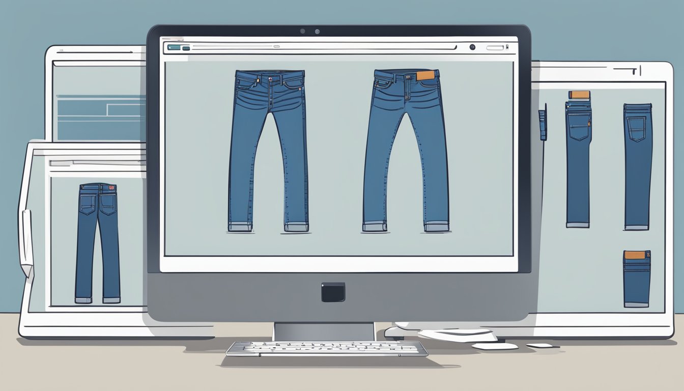 A computer screen displays a website with various styles and sizes of Levi's jeans. A cursor hovers over the "add to cart" button, indicating a decision is about to be made