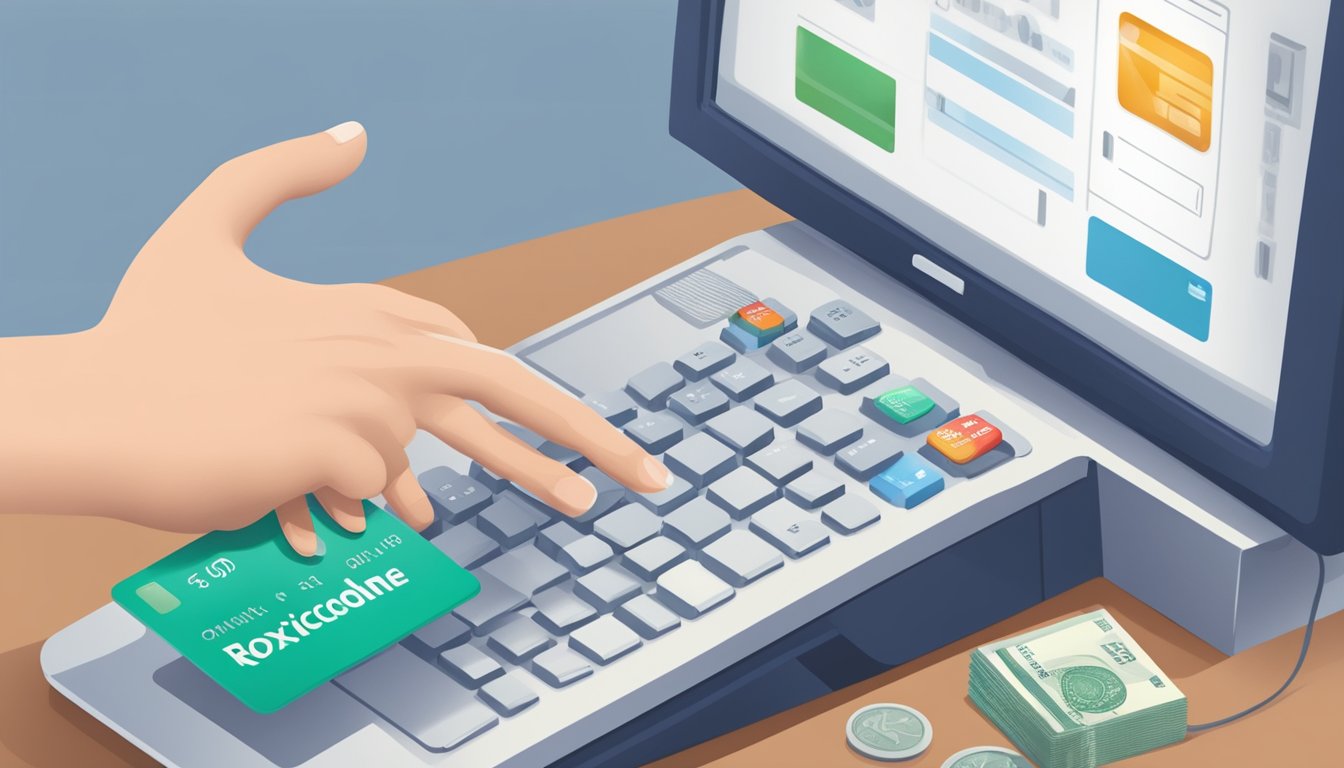 A hand reaches out to purchase Roxicodone online, with a computer screen displaying the drug and a credit card ready for payment