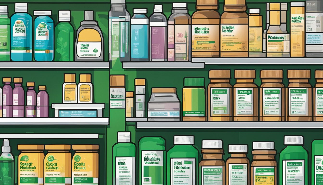 A bottle of Robitussin sits on a pharmacy shelf, surrounded by other medications. The label clearly displays the brand name and logo