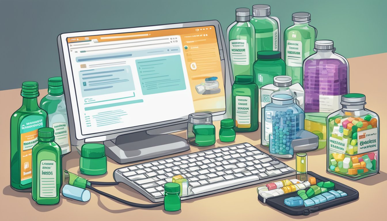 A computer screen displaying a webpage with the title "Frequently Asked Questions buy robitussin online" surrounded by various medicine bottles and a keyboard