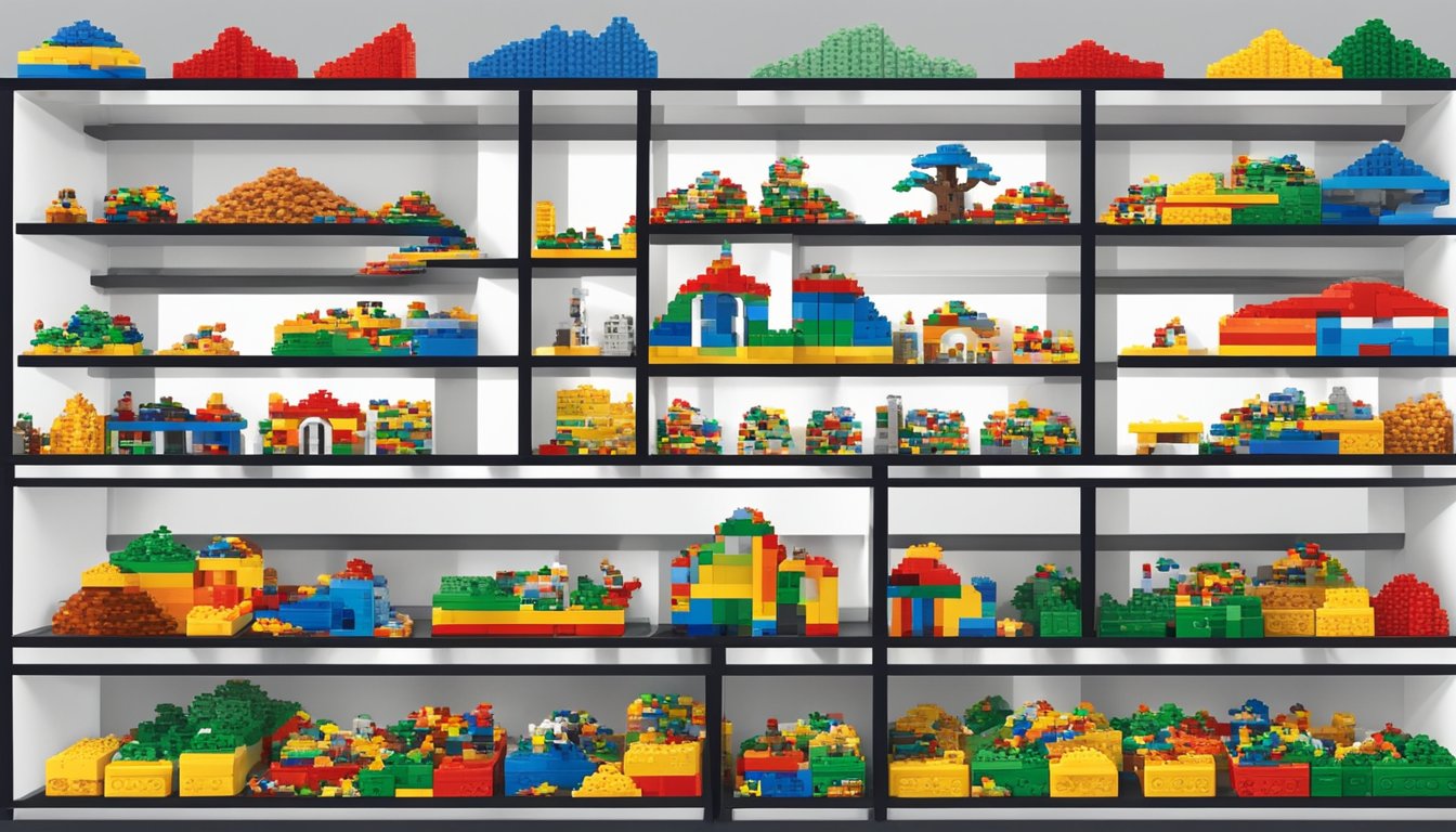 A colorful display of various Lego sets arranged neatly on shelves, with the words "Discover the Perfect Lego Set" displayed prominently above them