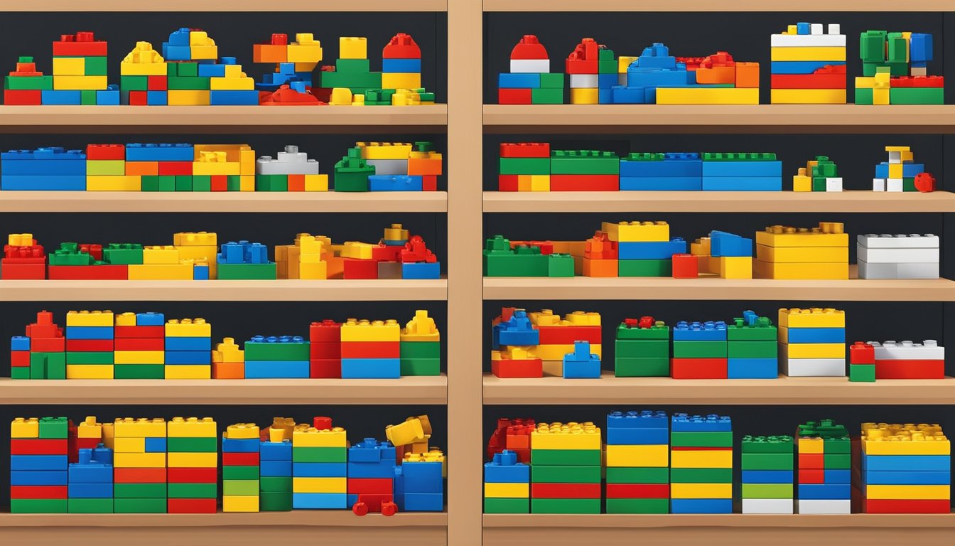 Colorful Lego sets displayed on shelves with price tags. Online ordering instructions posted on a wall