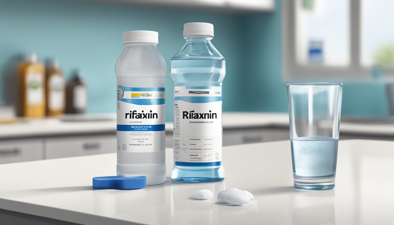 A bottle of Rifaximin sits on a clean, white countertop, with a prescription label and a glass of water next to it
