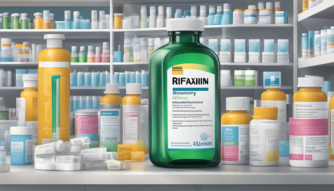 A bottle of rifaximin sits on a pharmacy counter, surrounded by safety warnings and information about potential side effects