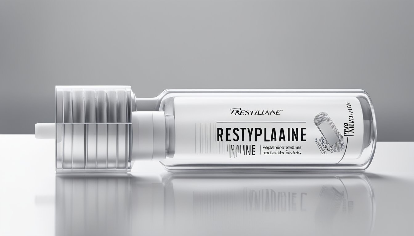 A vial of Restylane sits on a clean, white surface. The label is clear and professional, with the product name and logo prominently displayed. The vial is surrounded by a few small, delicate syringes and a pair of latex