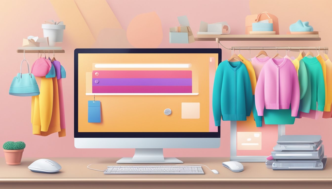 A computer with a mouse clicks on a "buy now" button next to a colorful ladies' sweater displayed on an online shopping website