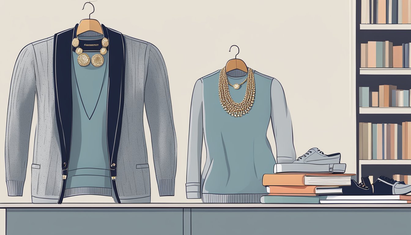 A sweater laid out on a table, accessorized with a statement necklace for a casual look, and paired with a blazer for a more formal setting