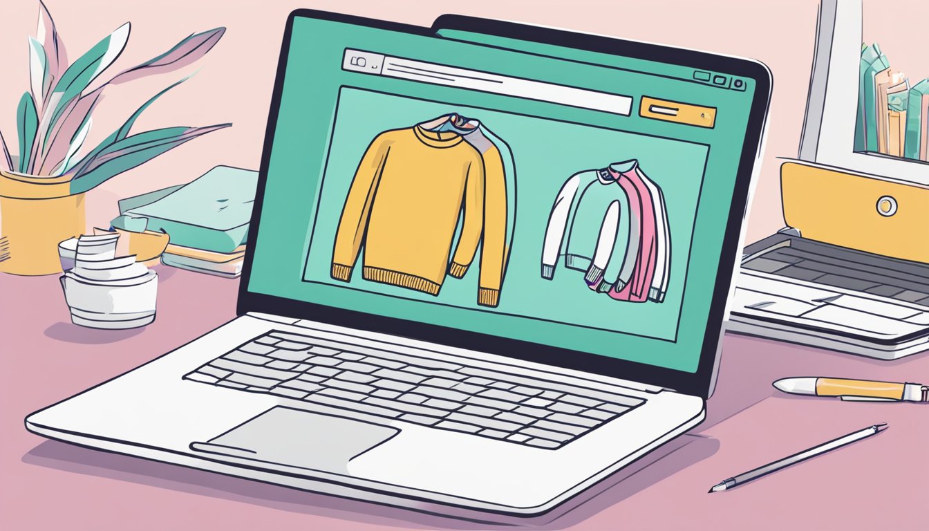 A laptop open to a website with a "Frequently Asked Questions" section on buying ladies' sweaters online