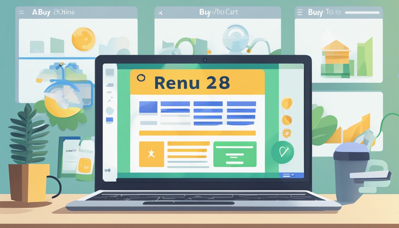 A computer screen displaying a website with the words "buy renu 28 online" and a "add to cart" button