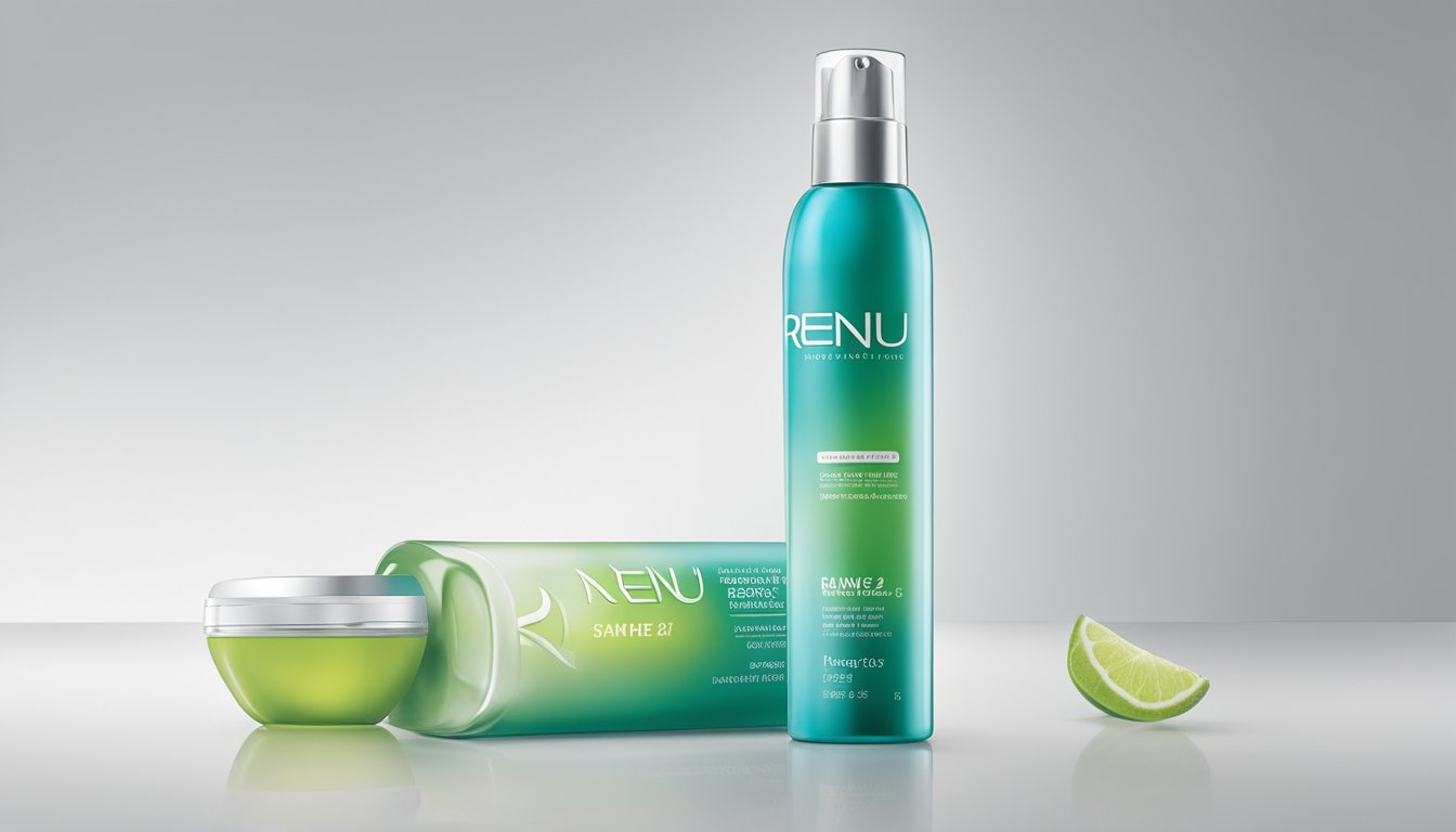 A bottle of Renu 28 sits on a clean, white countertop, with a soft glow highlighting its sleek, modern packaging. The background is simple and uncluttered, allowing the product to stand out