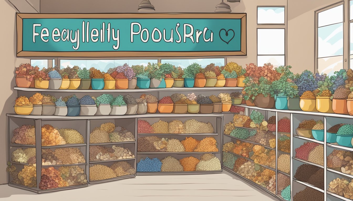 A colorful display of various potpourri blends arranged on a shelf with a sign reading "Frequently Asked Questions: buy potpourri online" above it