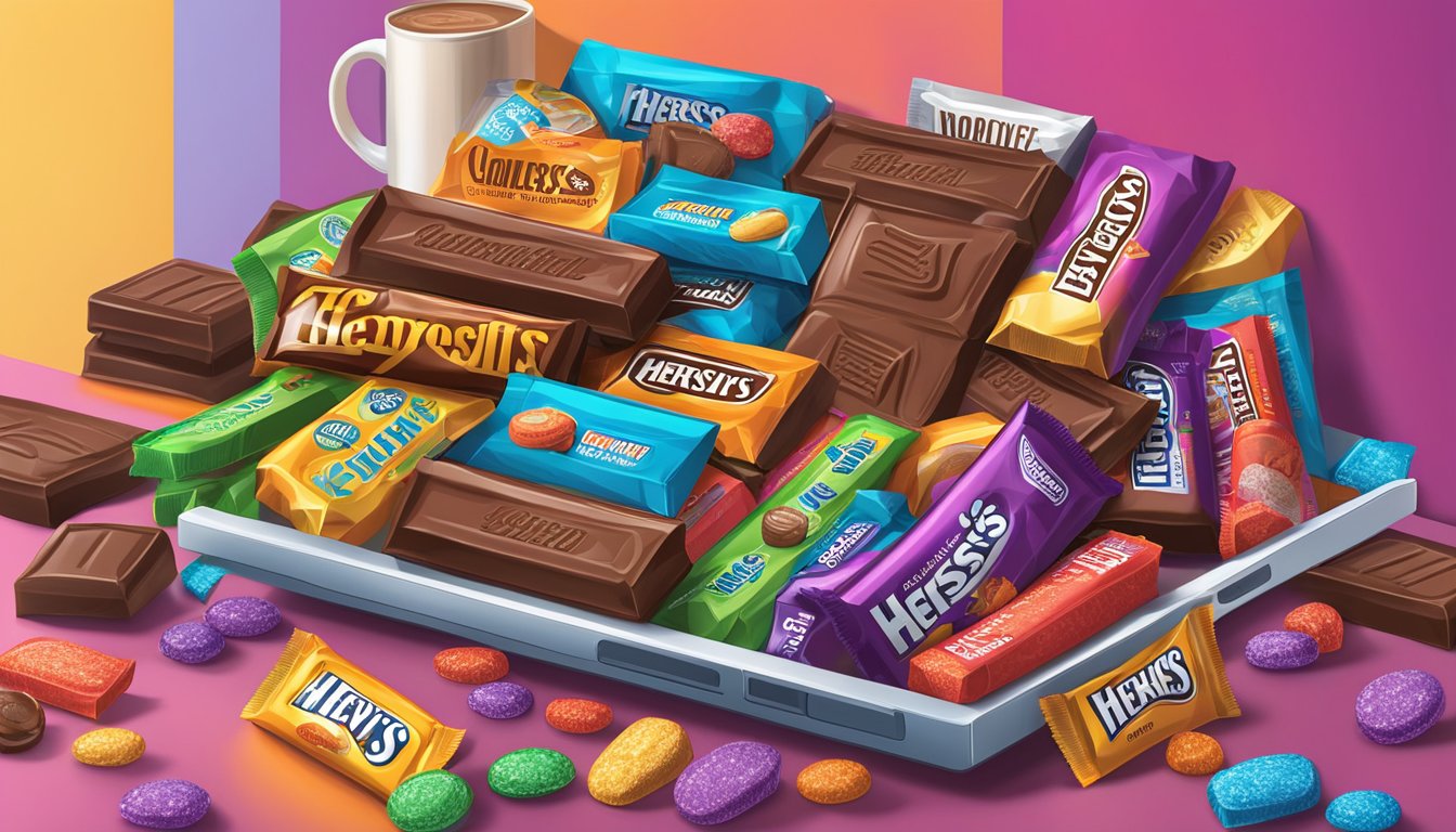 A computer screen displaying a colorful array of Hershey's chocolate bars and candies available for purchase online