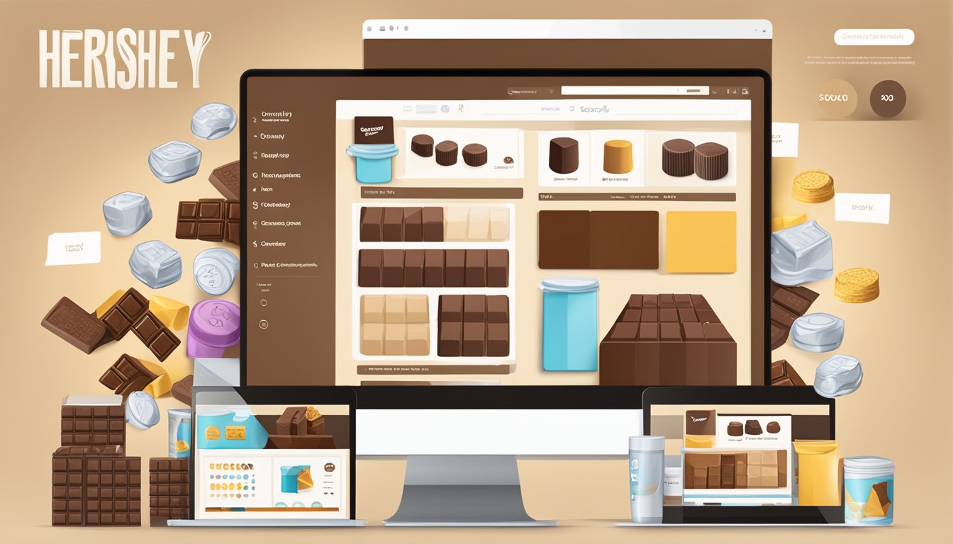 A computer screen displaying a variety of Hershey chocolate products with a "buy now" button, surrounded by a clean and modern website design