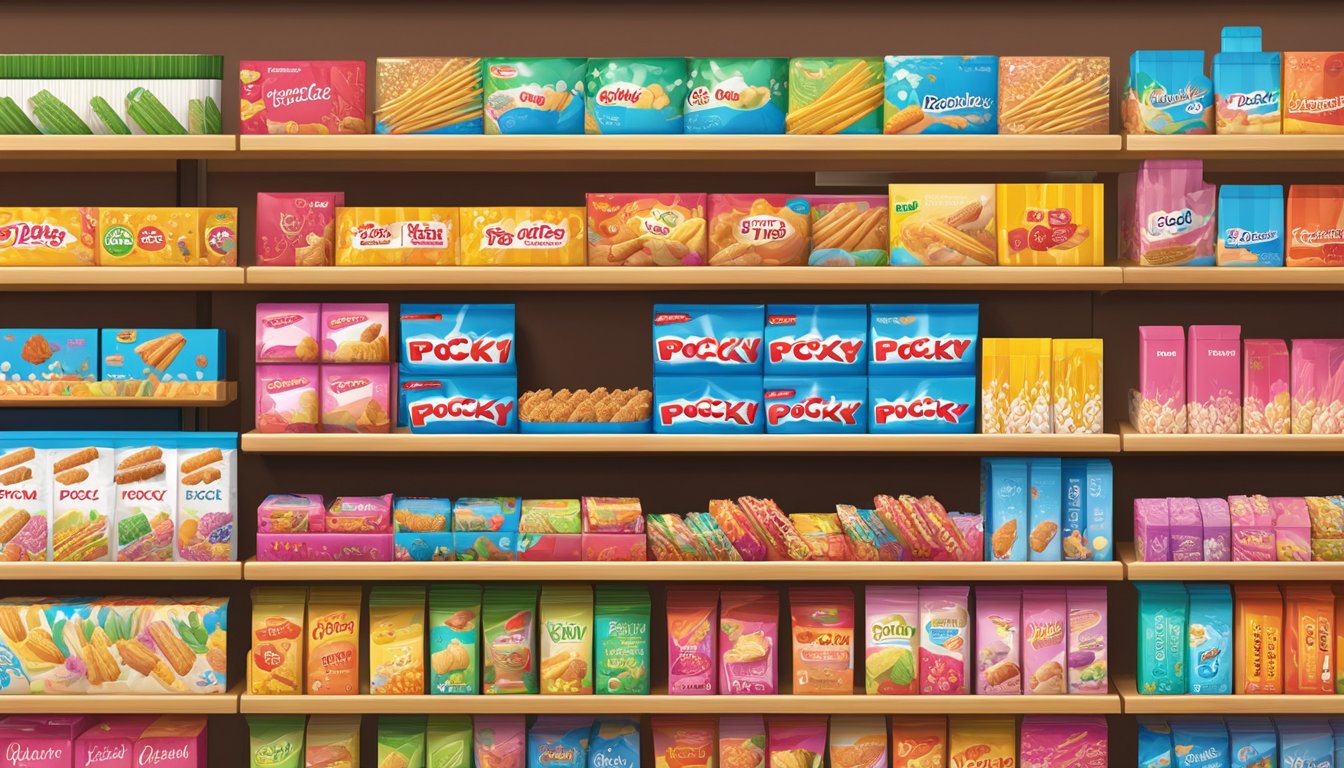 A colorful display of Pocky boxes arranged on shelves, with various flavors and designs. A digital device displaying "buy Pocky online" in the background