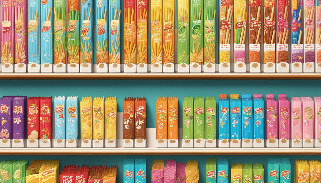 A colorful display of various Pocky flavors arranged on shelves with a "Frequently Asked Questions" sign above