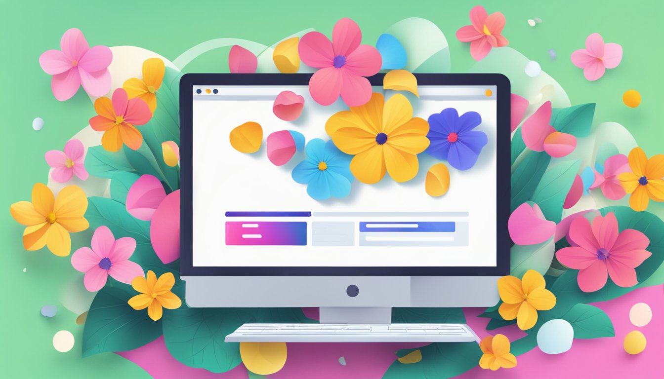 A computer screen displaying a website with a "Frequently Asked Questions" section, surrounded by colorful flower petals and a "buy now" button