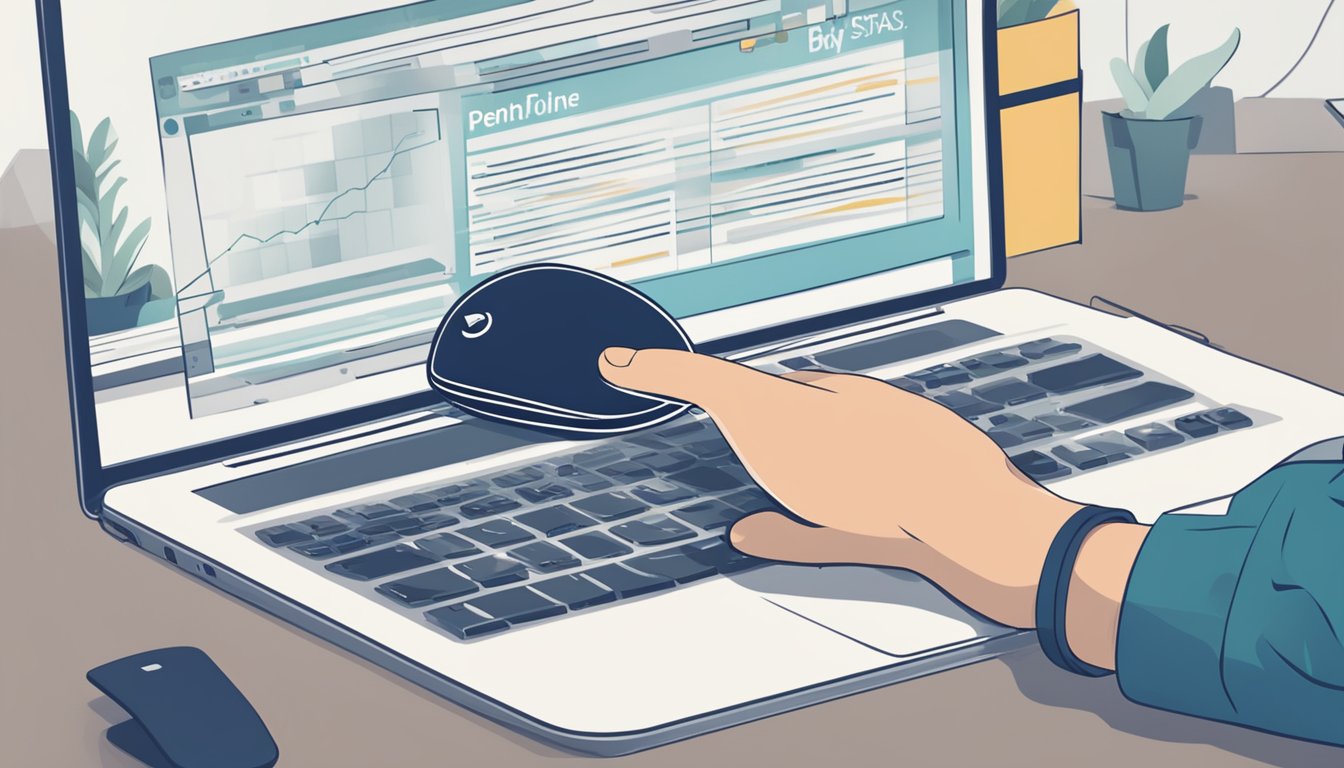 A hand holding a computer mouse clicks on a website with the words "buy Pentasa online" displayed on the screen