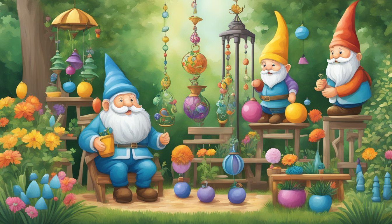 A variety of garden ornaments are displayed in an outdoor setting, including statues, gnomes, and decorative wind chimes. The ornaments are arranged on shelves and hanging from trees, creating a colorful and whimsical scene