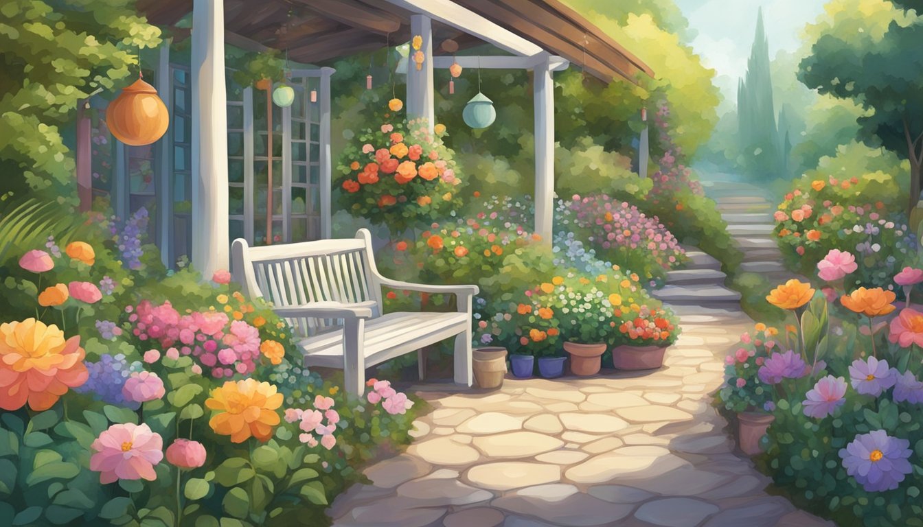 A lush garden with a variety of ornaments: colorful ceramic pots, whimsical wind chimes, and elegant statues. A pathway leads to a cozy seating area surrounded by blooming flowers