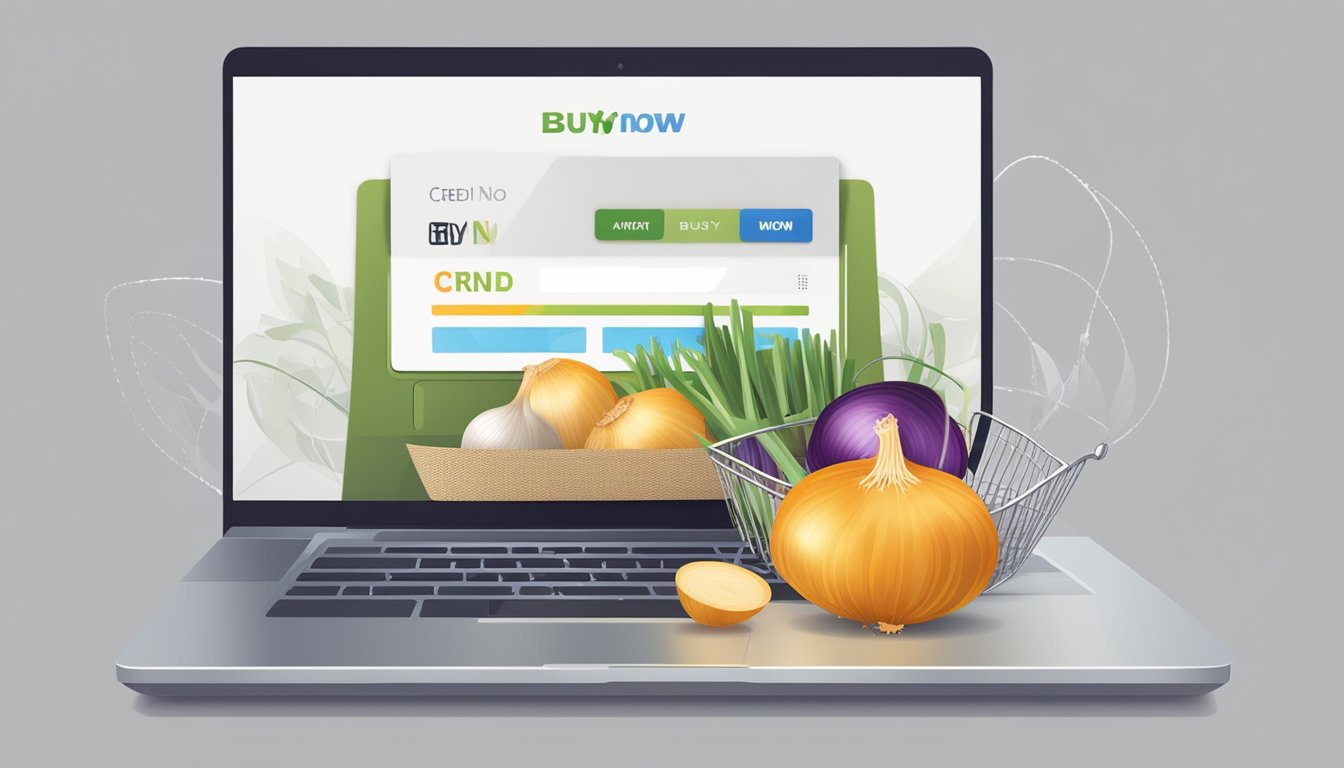 An open laptop with a website showing a basket of onions, a "buy now" button, and a credit card ready for online purchase