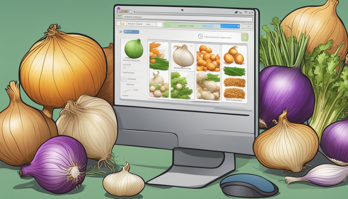A computer screen displays a variety of onions for sale. A cursor hovers over the "Add to Cart" button, ready to make a purchase
