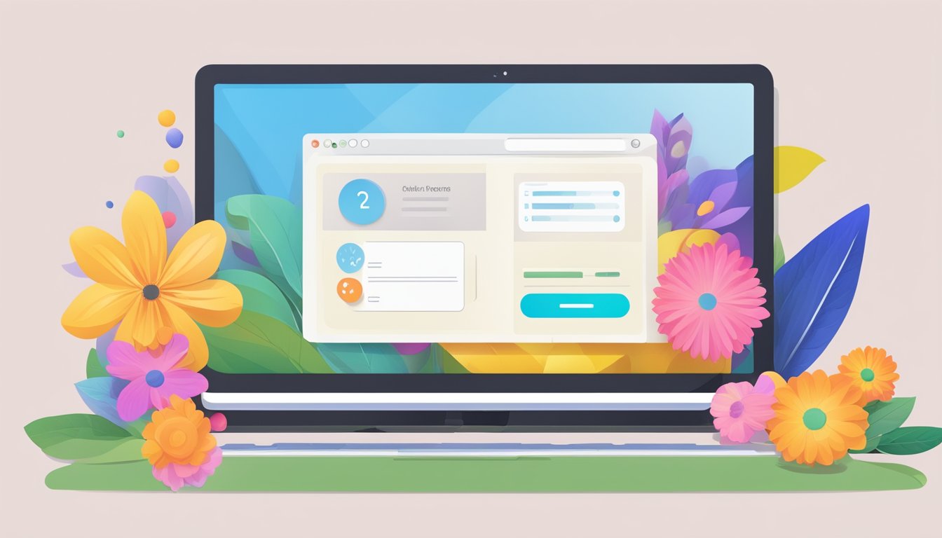A computer screen showing a website with colorful flower options and a delivery address form