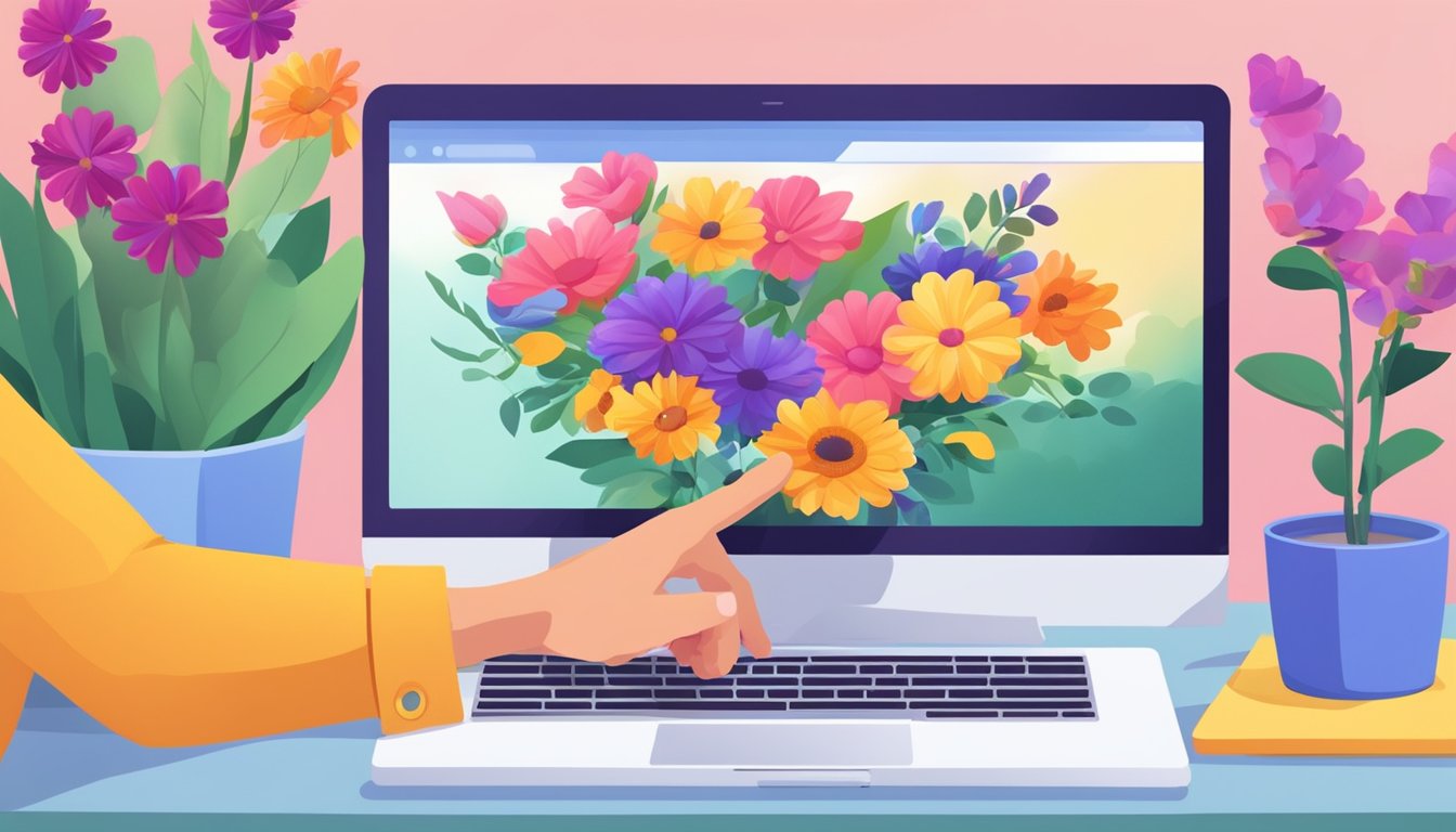 A hand reaches out to a computer, clicking on a website for online flower delivery. Flowers are shown in vibrant colors with a "buy now" button