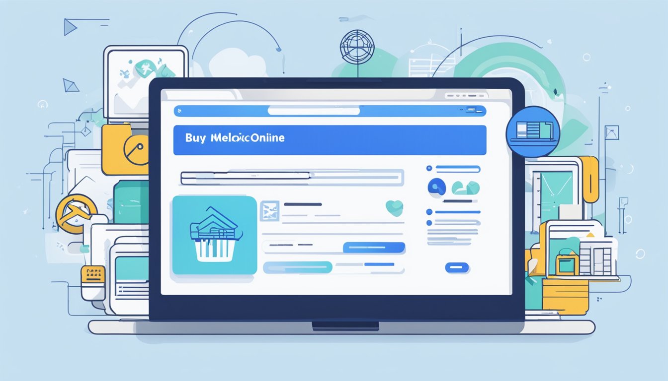 A computer screen displaying a website with the option to "buy meloxicam online" highlighted in blue