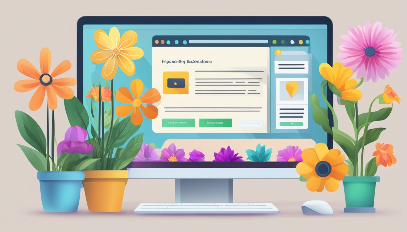 A computer screen displaying a website with a variety of colorful flowers and a "Frequently Asked Questions" section about buying and delivering them online