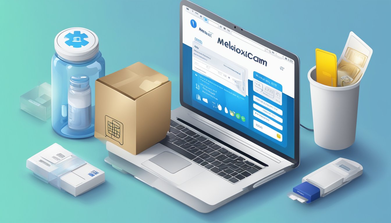 A computer screen displaying a website with a "buy meloxicam online" button highlighted in blue, surrounded by medical packaging and a credit card